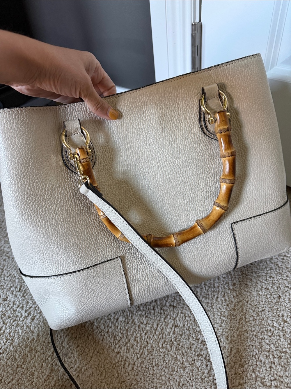 Cream Leather Tote with Bamboo Top Handles - Picture 8 of 8